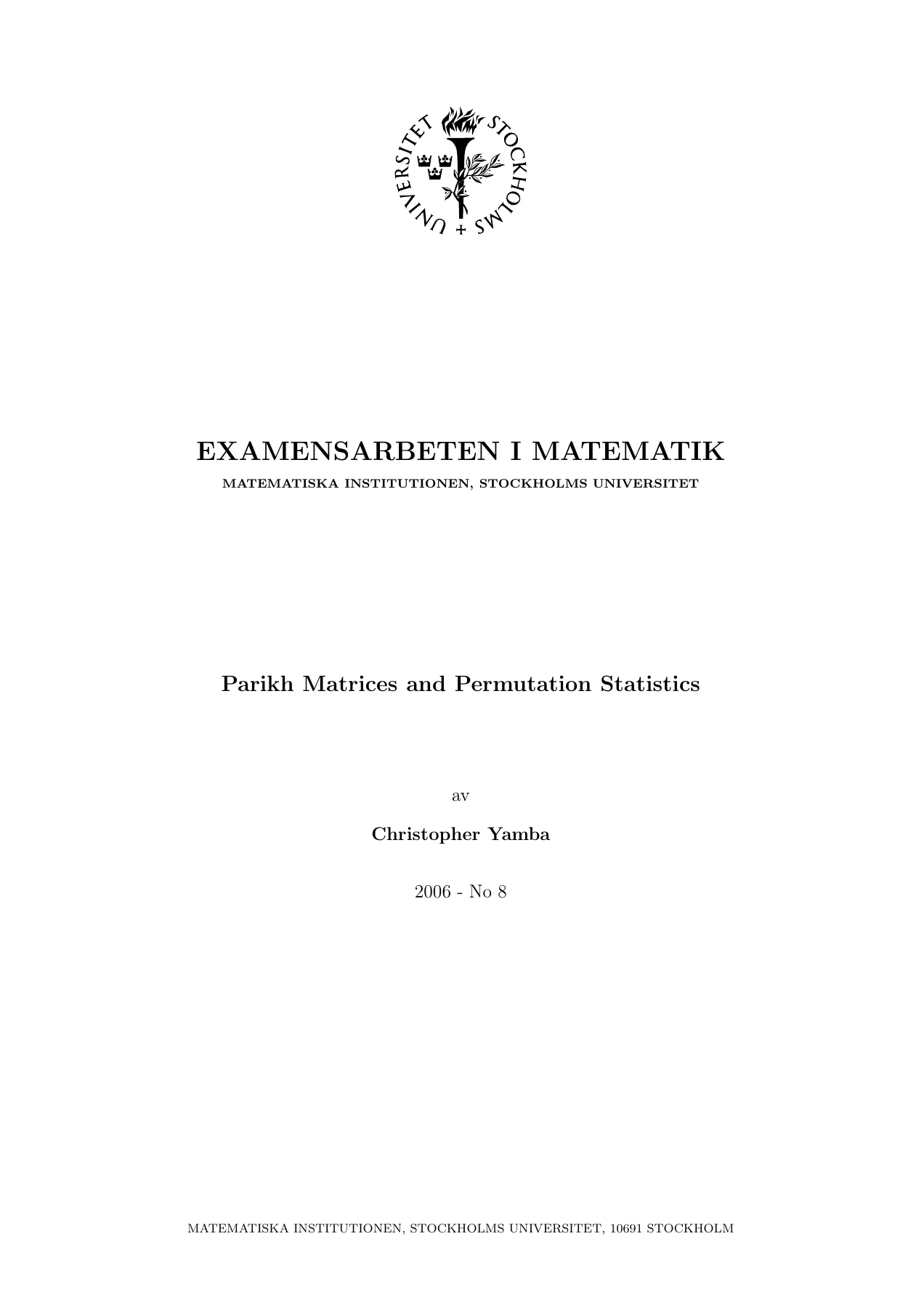 Parikh Matrices and Permutation Statistics, original page 1 of 42. Text transcript follows below.